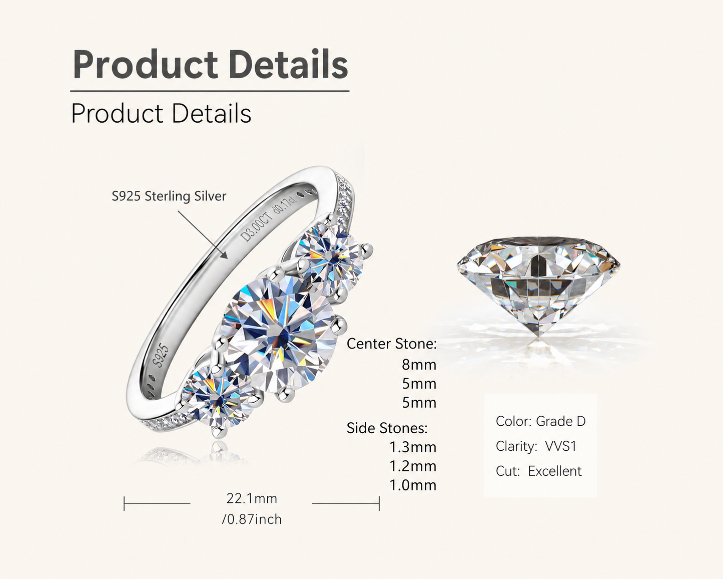 Classic Three-Stone Lab-Grown Diamond Engagement Ring - 925 Sterling Silver - alternate product view 3 - Vowmira lab-grown diamond jewelry