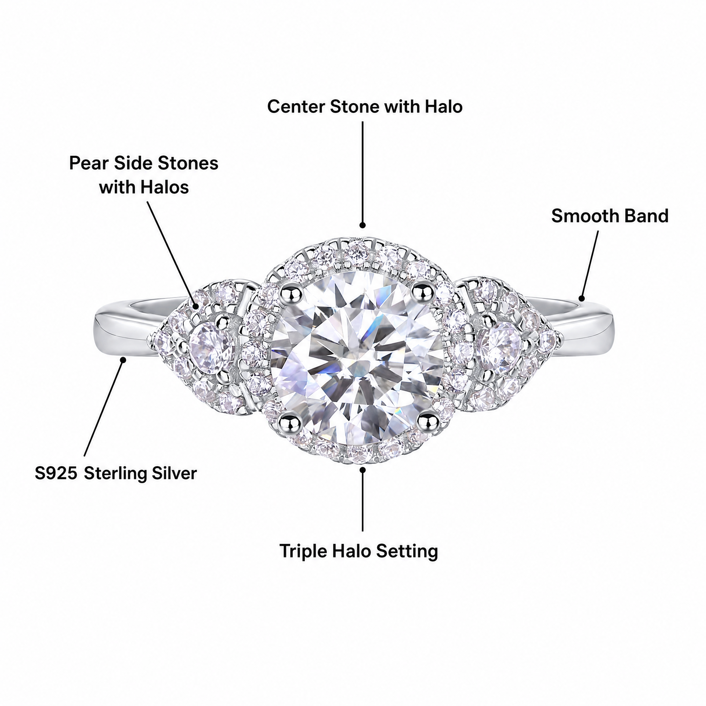 Triple Halo Three-Stone Lab-Grown Diamond Ring with Pear Side Stones - alternate product view 3 - Vowmira lab-grown diamond jewelry