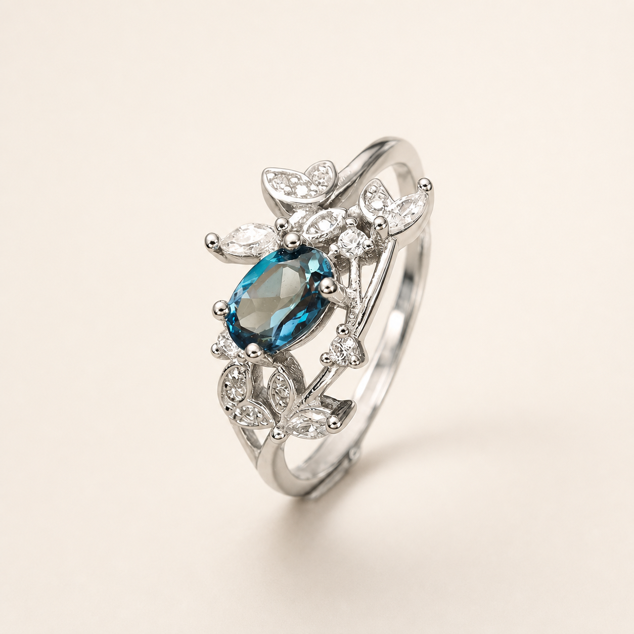 Vowmira Oval London Blue Topaz Floral Ring, hero view
