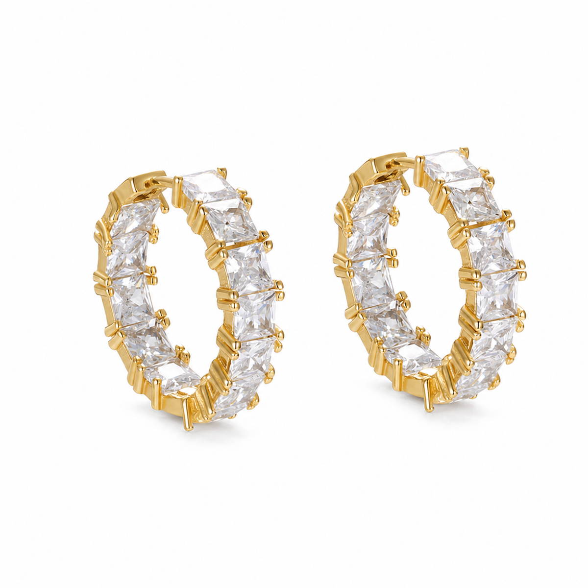 Vowmira emerald-cut lab-grown diamond hoop earrings, yellow-gold-tone front three-quarter view