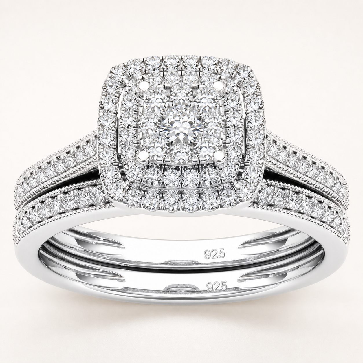 Vowmira Cushion Halo Lab-Grown Diamond Bridal Ring Set in platinum-plated S925 sterling silver