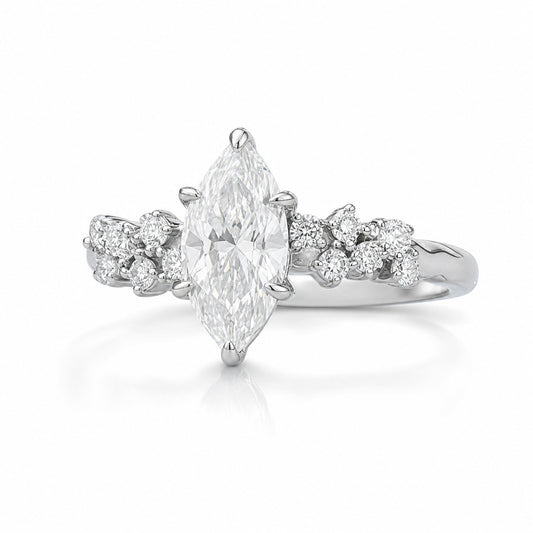 Vowmira Medusa marquise-cut six-prong lab-grown diamond engagement ring, opposite three-quarter view