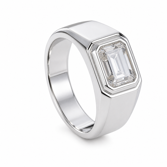 Vowmira Quinn emerald-cut double-bezel men's signet ring, front three-quarter view