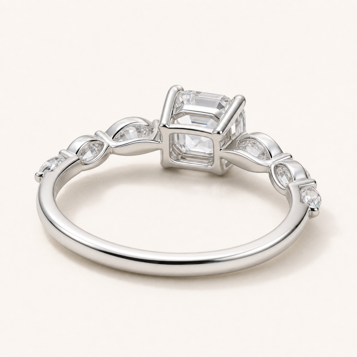 Vowmira Symphony white-silver Asscher starleaf men's ring, rear three-quarter view
