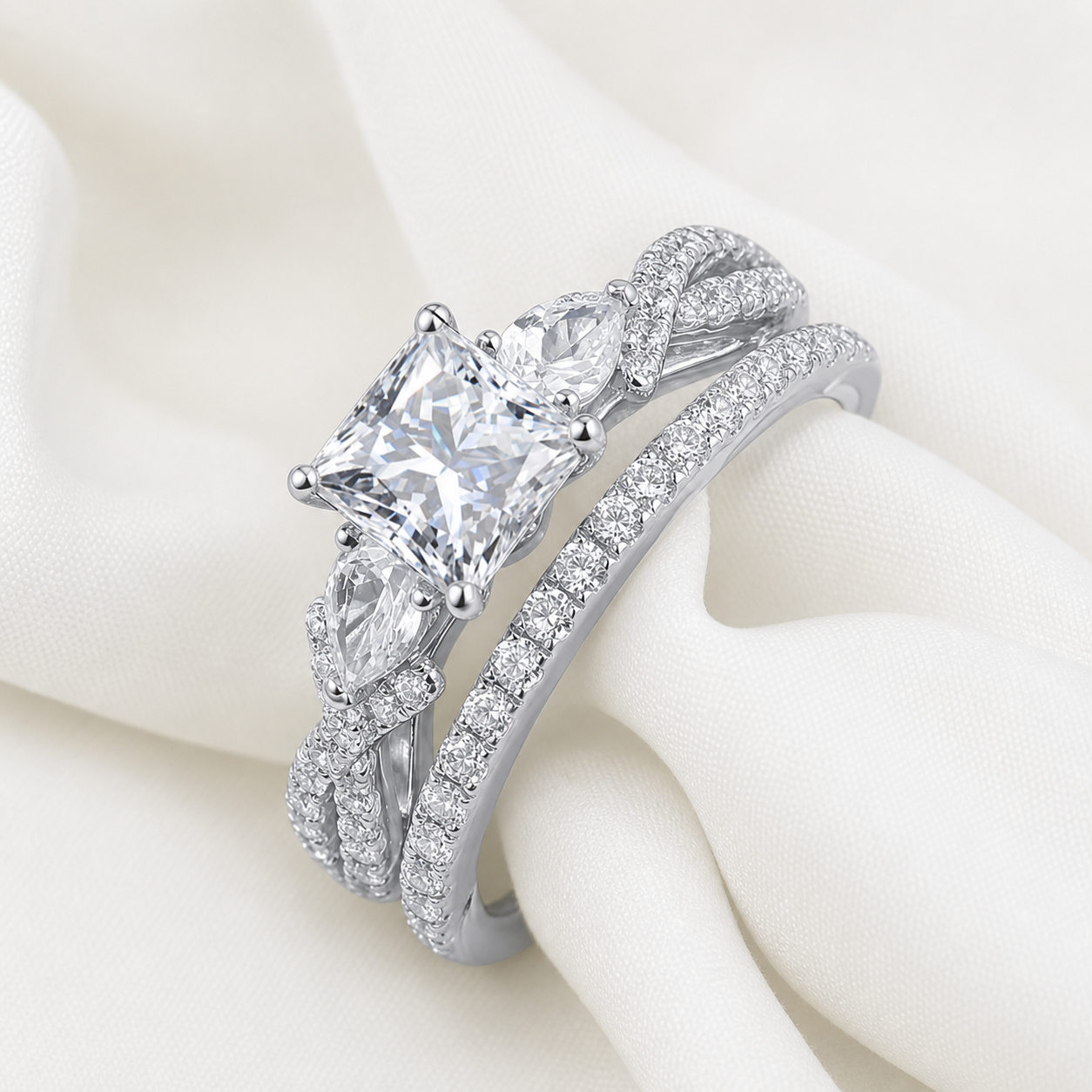 Vowmira Two Souls Princess-Cut Lab-Grown Diamond Bridal Ring Set in platinum-plated S925 sterling silver