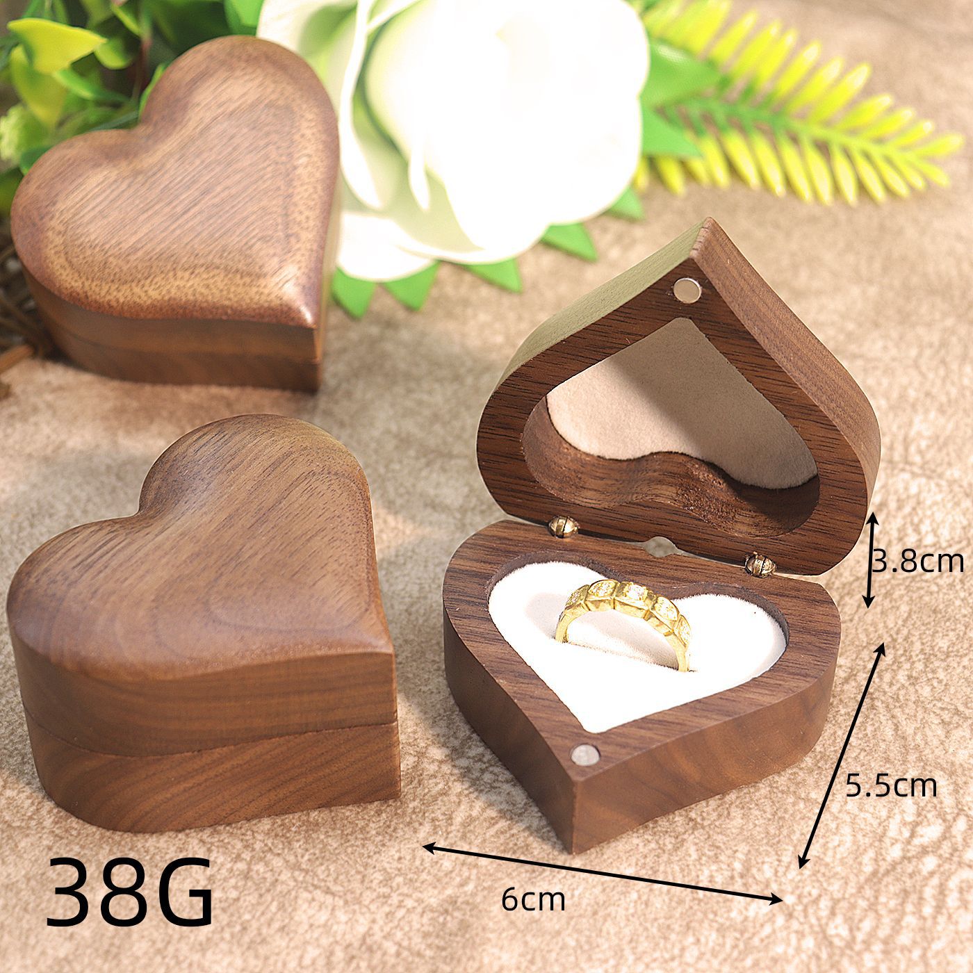 Engraved Heart Black Walnut Wood Ring Box - Detail View - Vowmira lab-grown diamond jewelry
