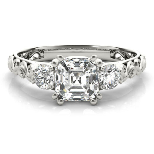 Filigree Three-Stone Lab-Grown Diamond Ring - Main View - Vowmira lab-grown diamond jewelry