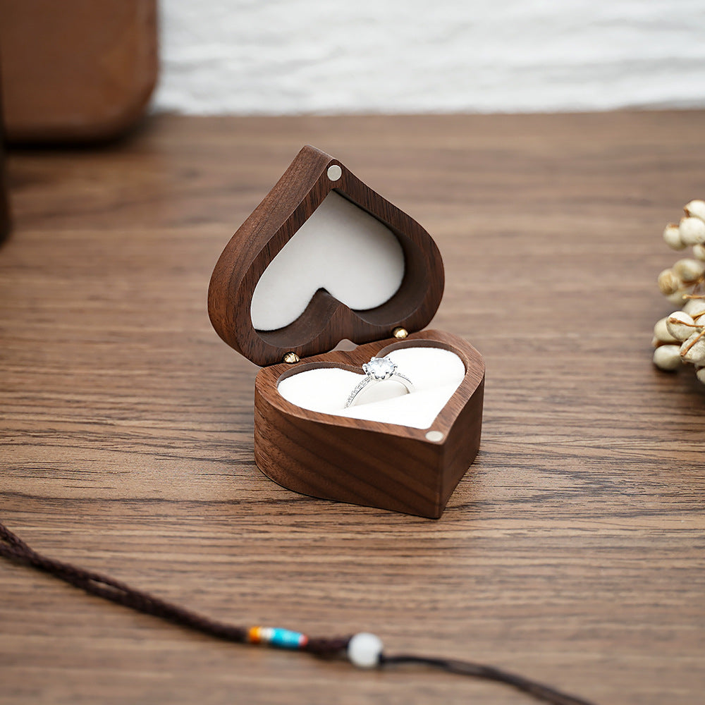 Engraved Heart Black Walnut Wood Ring Box - Front View - Vowmira lab-grown diamond jewelry