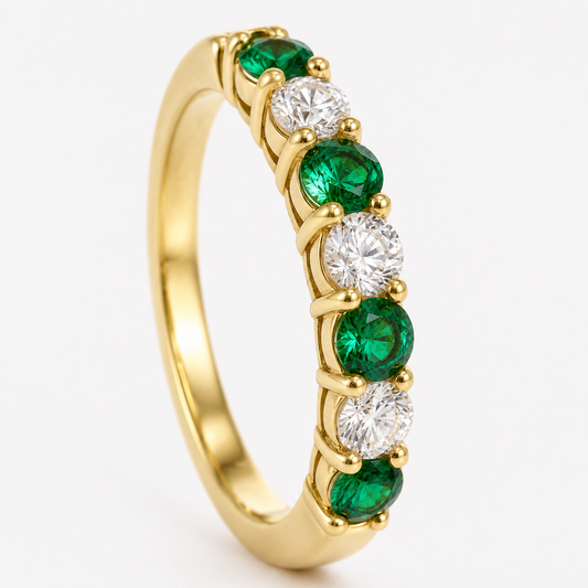 VOWMIRA Seven Princess Band | Emerald & Moissanite Ring | 18K Gold Plated S925 Silver - Vowmira lab-grown diamond jewelry