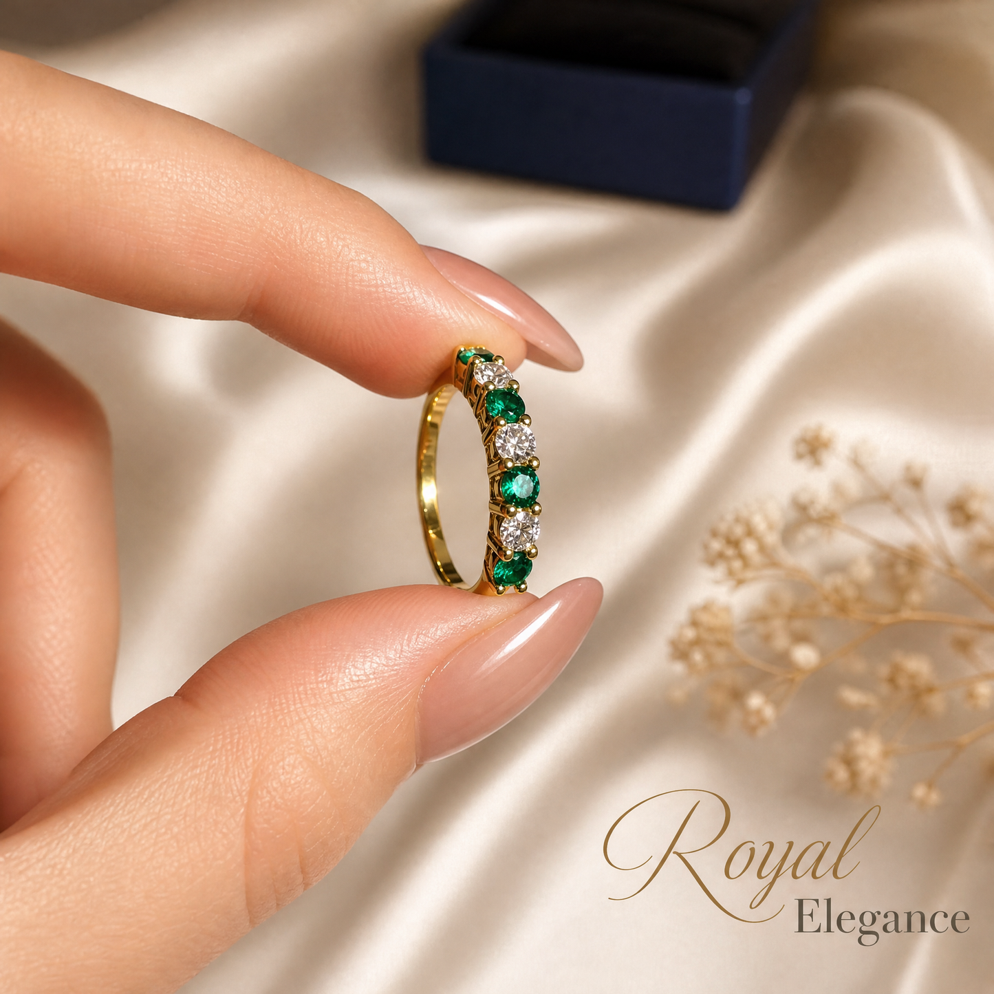 VOWMIRA Seven Princess Band | Emerald & Moissanite Ring | 18K Gold Plated S925 Silver - Vowmira lab-grown diamond jewelry