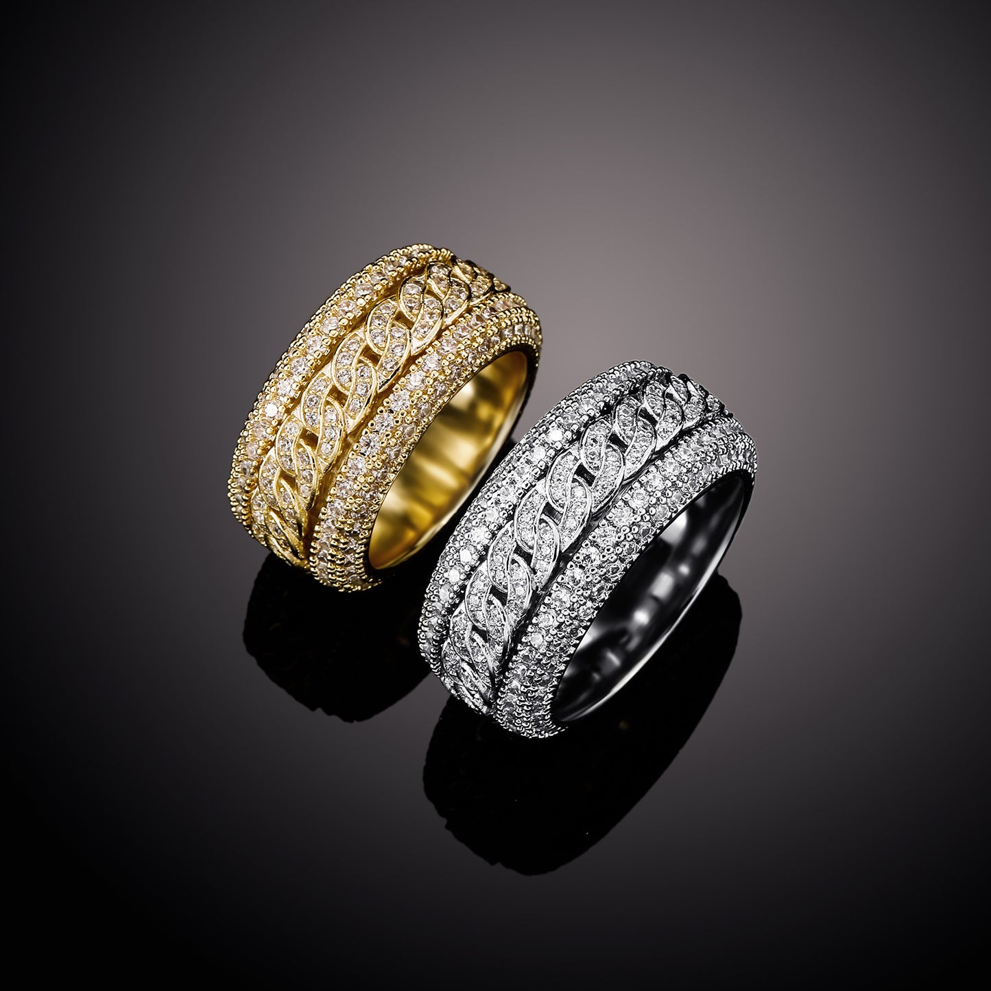 Vowmira Cuban Link Lab-Grown Diamond Spinner Ring, alternate gold and platinum finish view