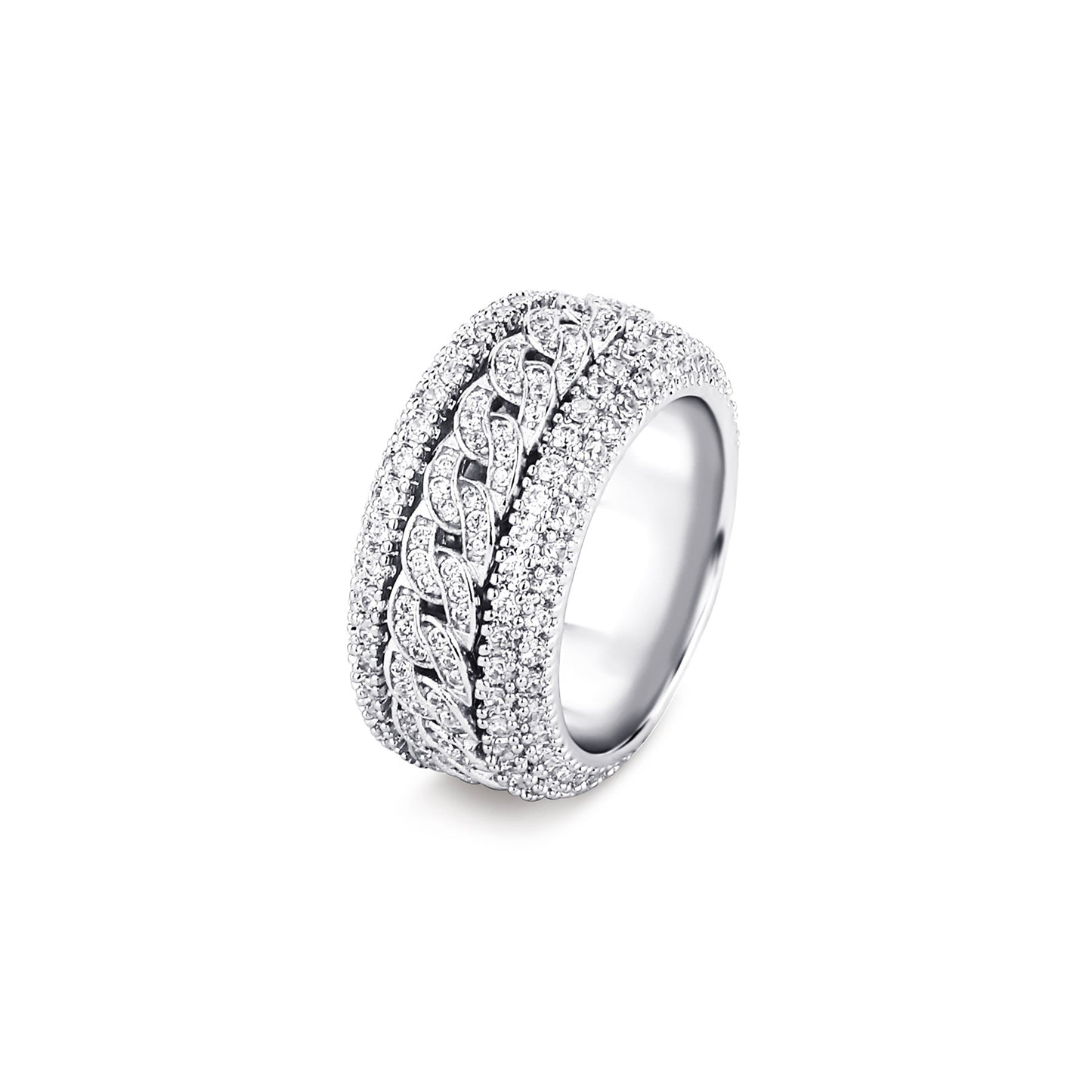 Vowmira Iced Cuban Link Lab-Grown Diamond Spinner Ring in platinum-plated finish, front angle