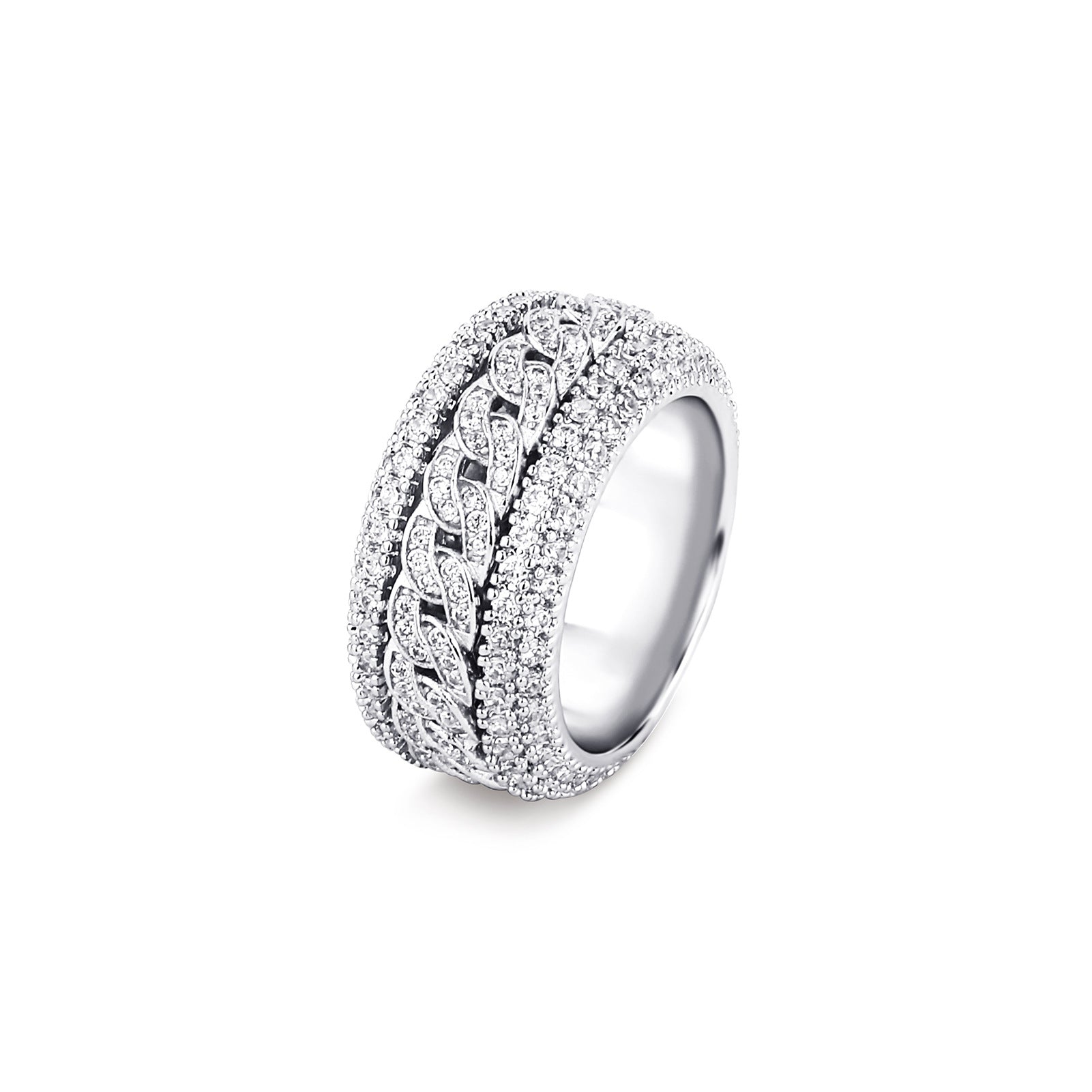Vowmira Iced Cuban Link Lab-Grown Diamond Spinner Ring in platinum-plated finish, front angle