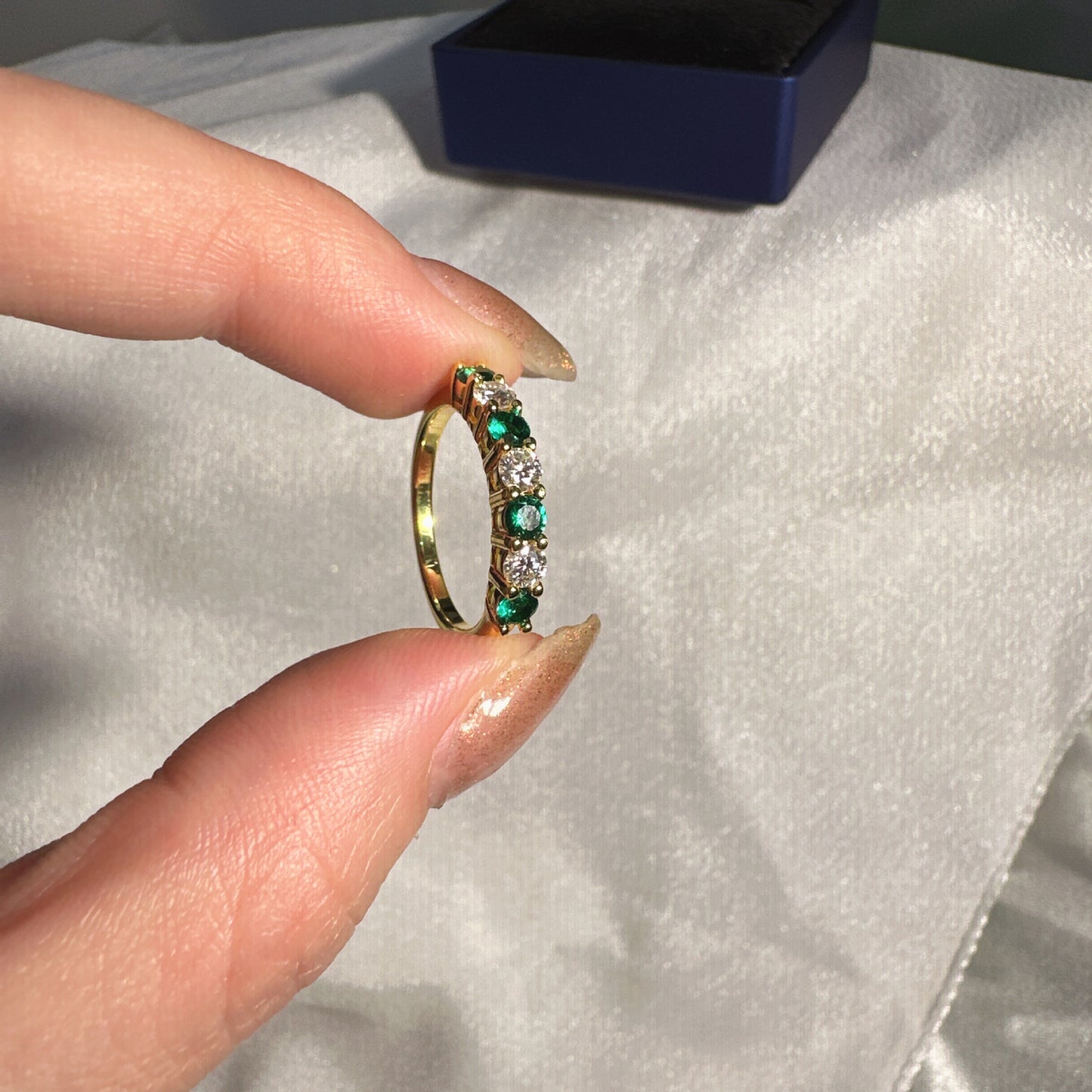 VOWMIRA Seven Princess Band | Emerald & Moissanite Ring | 18K Gold Plated S925 Silver - Vowmira lab-grown diamond jewelry