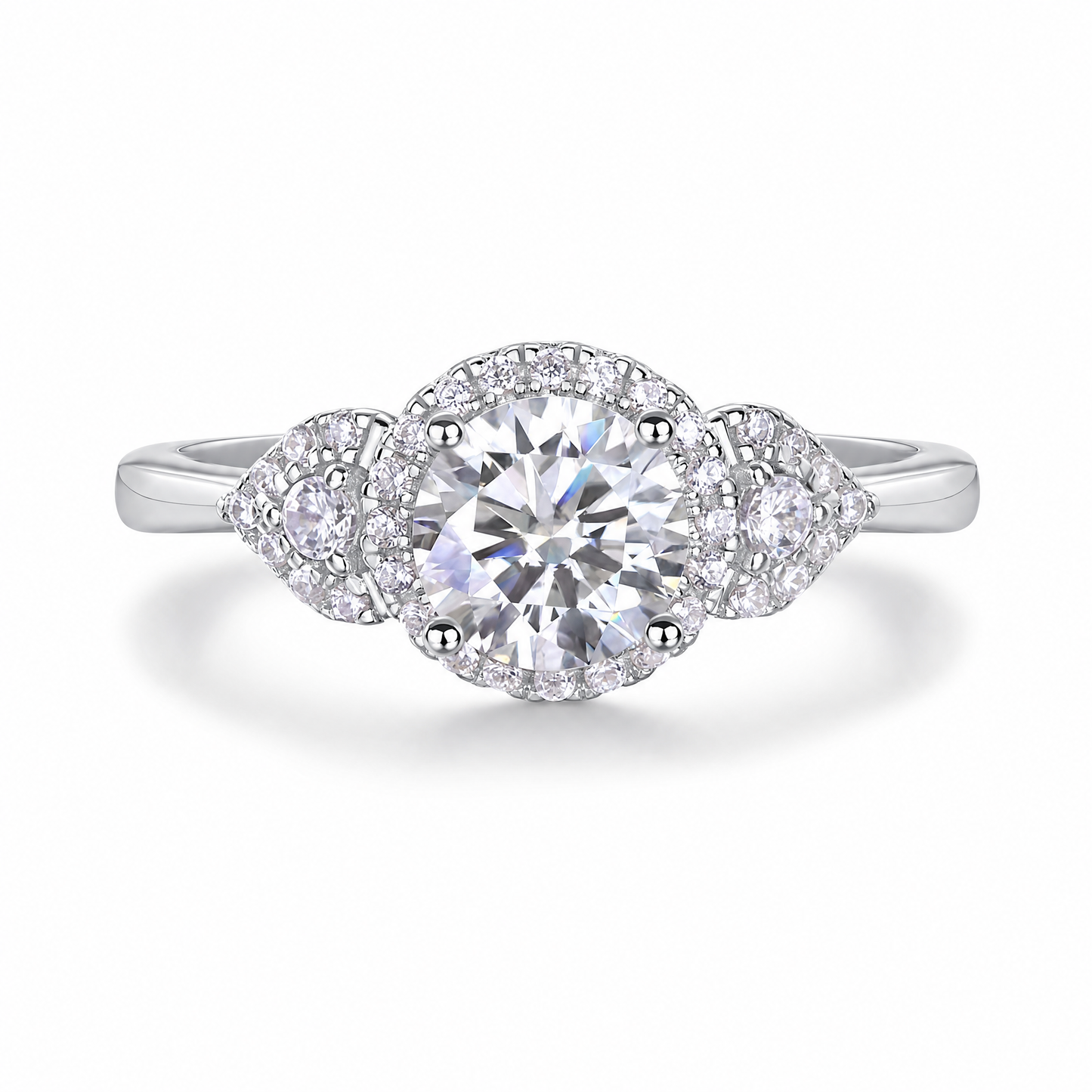 Triple Halo Three-Stone Lab-Grown Diamond Ring with Pear Side Stones - main product view - Vowmira lab-grown diamond jewelry