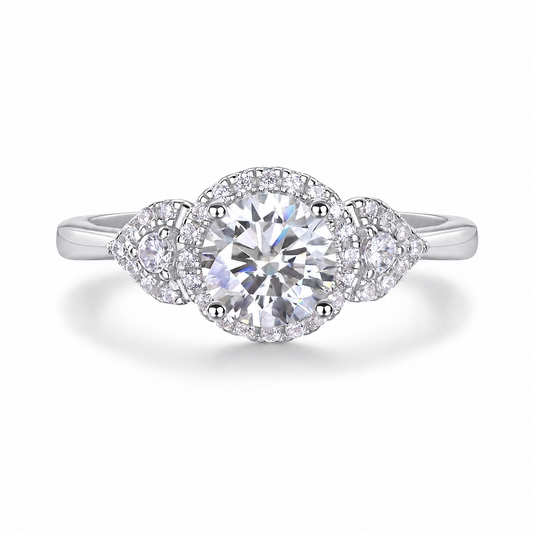 VOWMIRA Triple Halo Three Stone Ring | Pear Side Stones | Lab-Grown Diamond | S925 Sterling Silver | Past Present Future - Vowmira lab-grown diamond jewelry