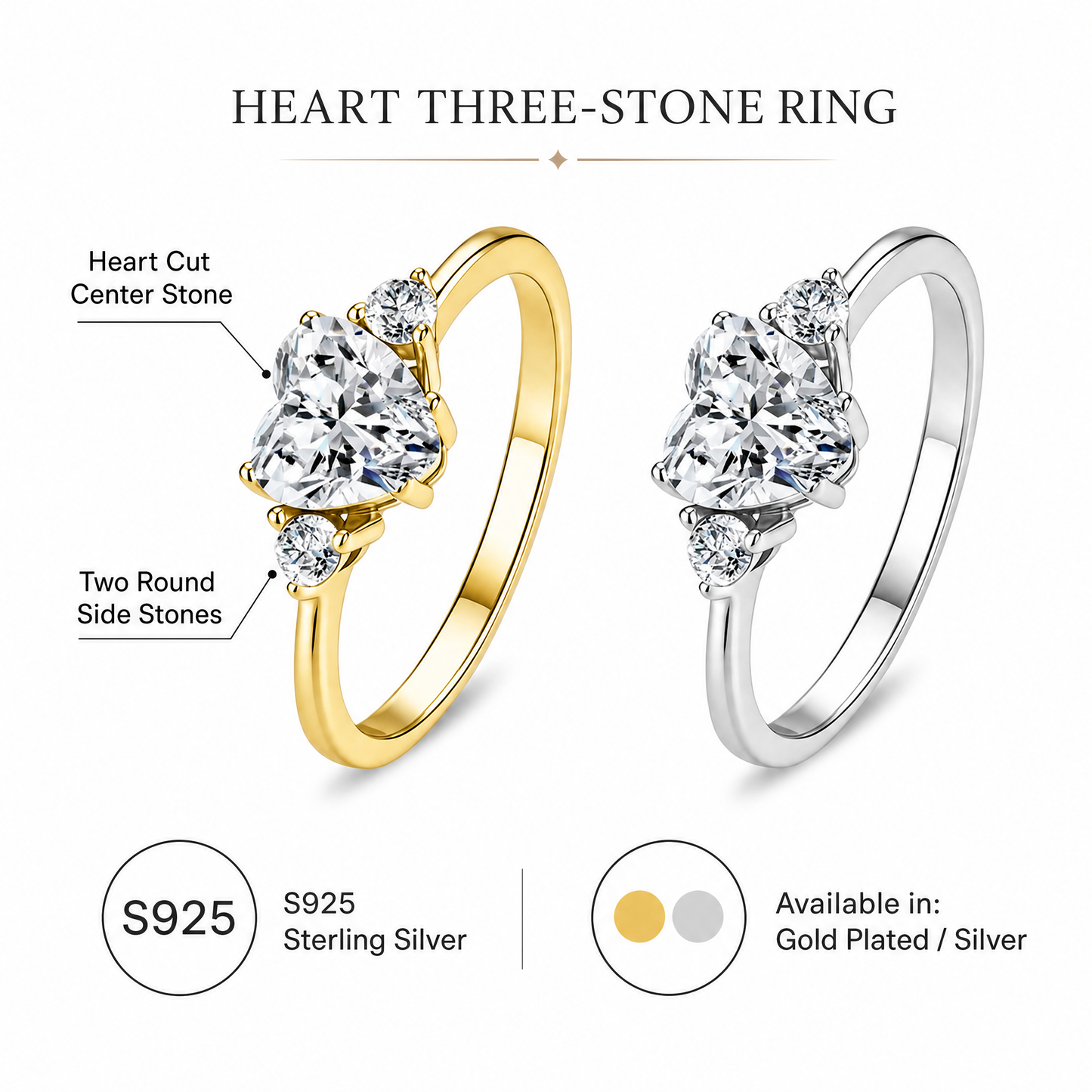 Heart-Cut Three-Stone Lab-Grown Diamond Ring - 925 Sterling Silver - alternate product view 3 - Vowmira lab-grown diamond jewelry