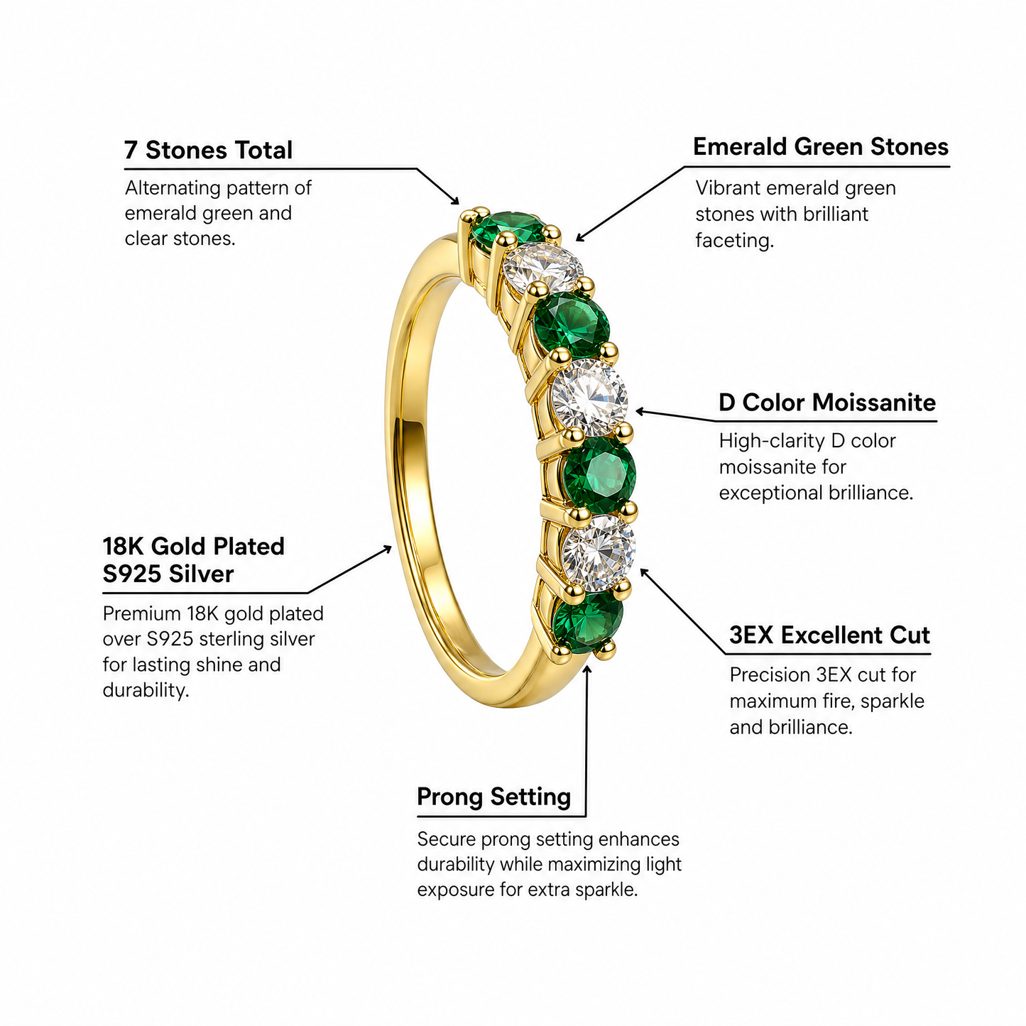 VOWMIRA Seven Princess Band | Emerald & Moissanite Ring | 18K Gold Plated S925 Silver - Vowmira lab-grown diamond jewelry