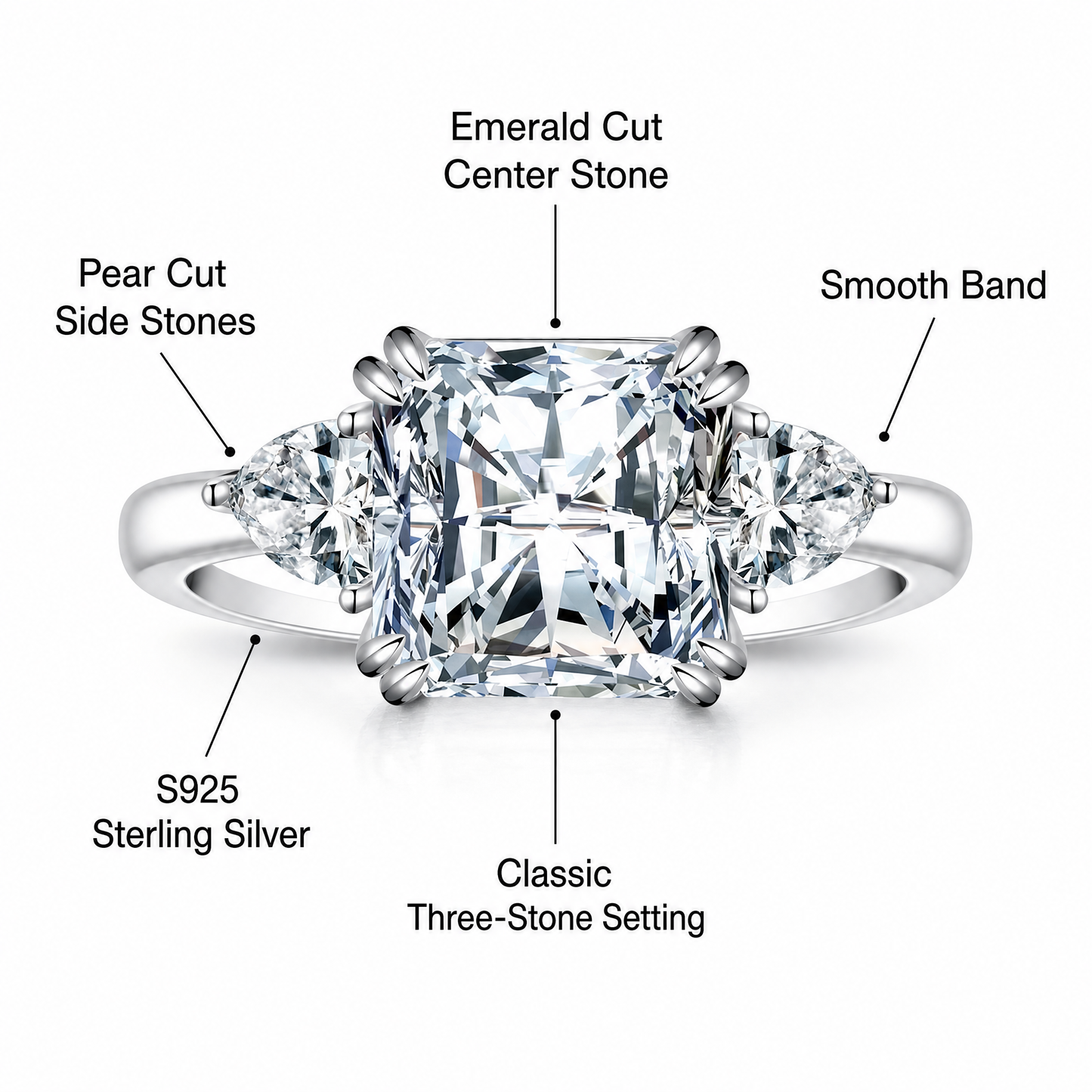 Emerald-Cut Three-Stone Lab-Grown Diamond Ring with Pear Side Stones - alternate product view 2 - Vowmira lab-grown diamond jewelry