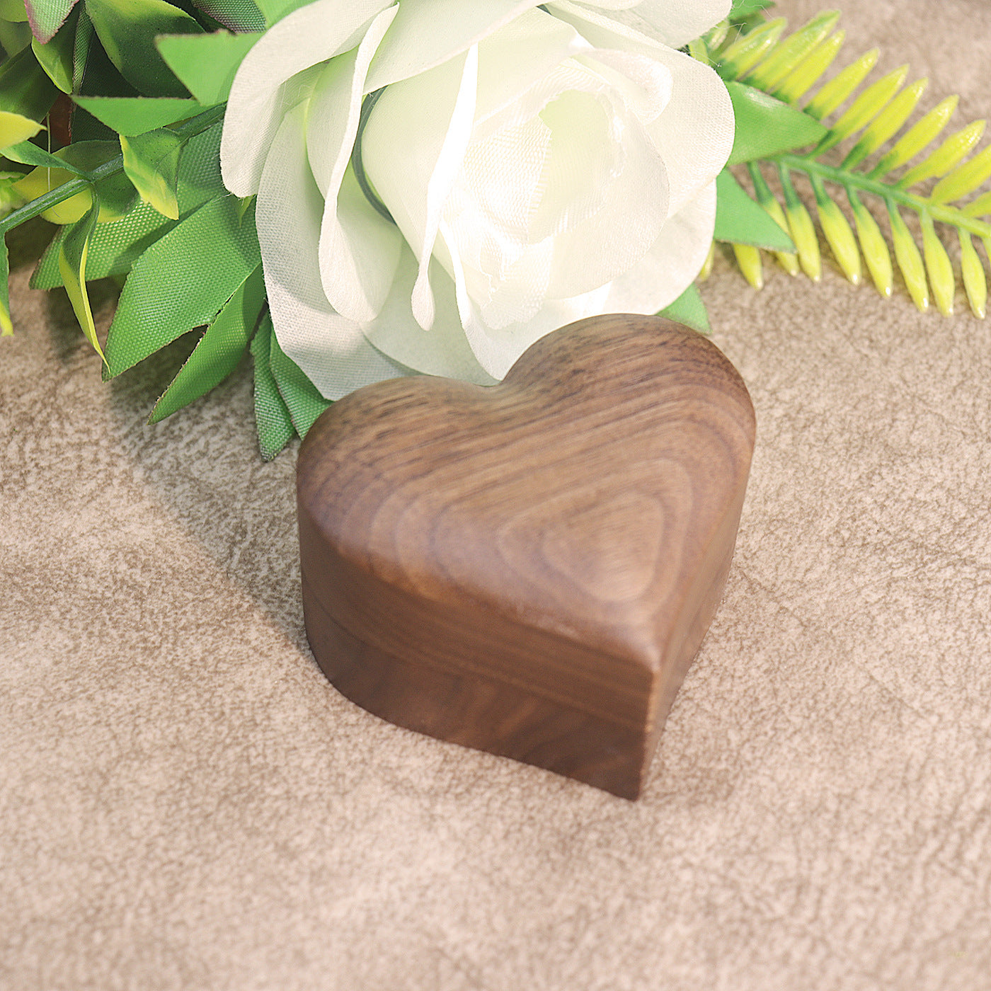 Engraved Heart Black Walnut Wood Ring Box - Side View - Vowmira lab-grown diamond jewelry