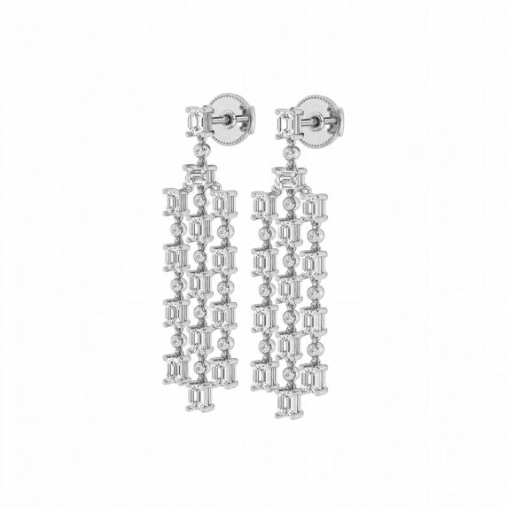 Emerald and Round Chandelier Dangle Lab-Grown Diamond Earrings - Detail View - Vowmira lab-grown diamond jewelry
