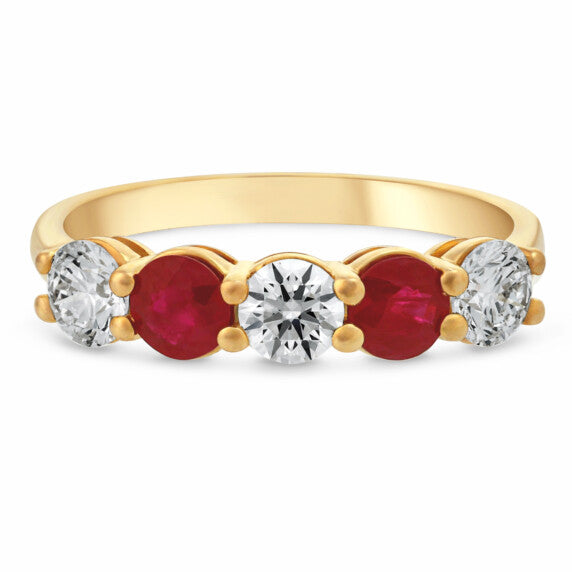 5 Stone Round Lab-Grown Diamond & Ruby Ring in 14K Yellow Gold - Main View