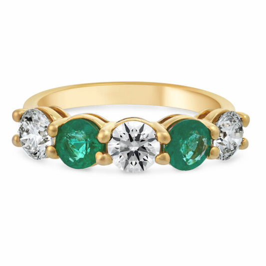 5 Stone Round Lab-Grown Diamond & Emerald Ring in 14K Yellow Gold - Main View - Vowmira lab-grown diamond jewelry