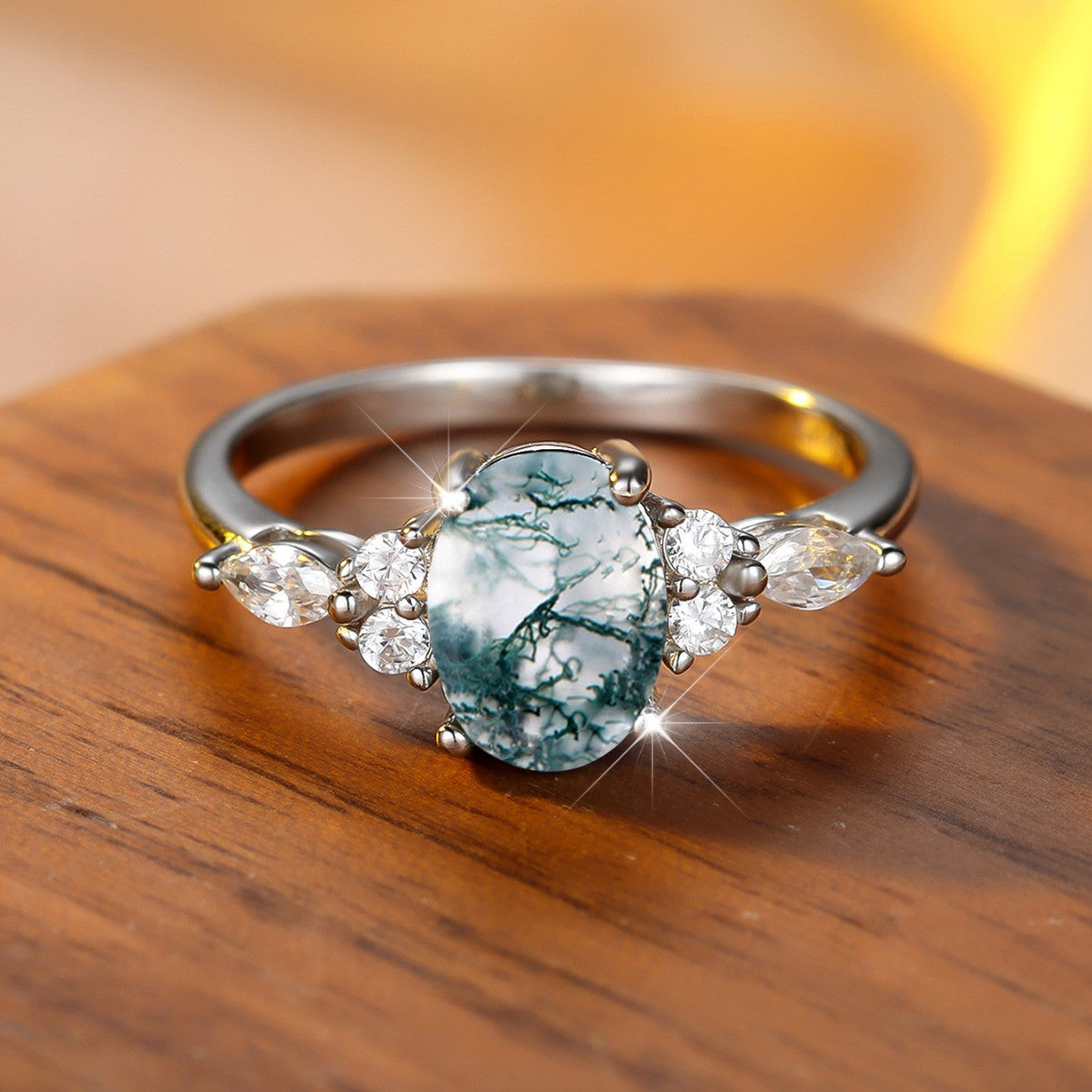 Vowmira Oval Green Agate Three-Stone Ring, hero view