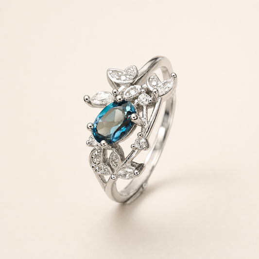 Vowmira Oval London Blue Topaz Floral Ring, hero view - Vowmira lab-grown diamond jewelry