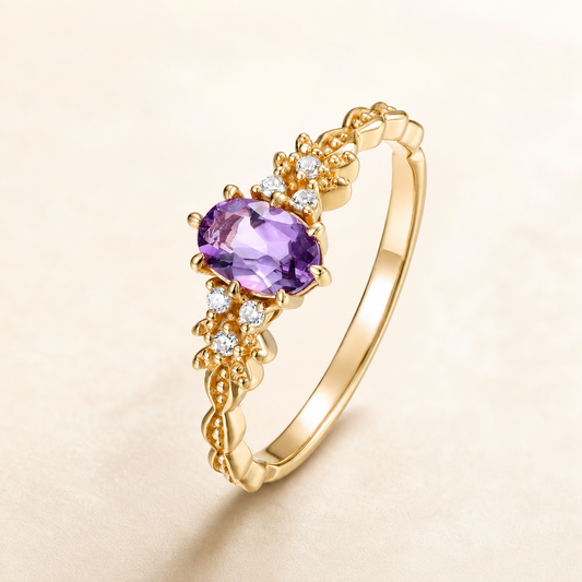 Vowmira oval amethyst vintage ring, hero view - Vowmira lab-grown diamond jewelry