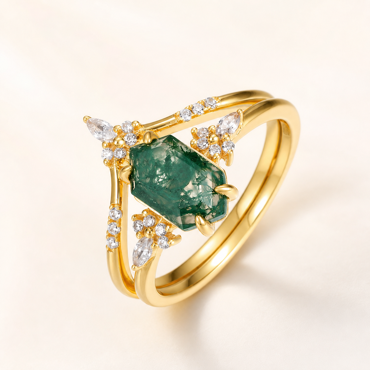 Vowmira Geometric Moss Agate Bridal Ring Set, hero view