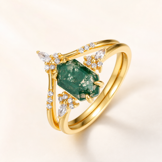 Vowmira Geometric Moss Agate Bridal Ring Set, hero view