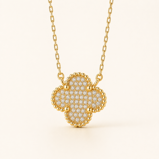 Vowmira Full-Pavé Mother-of-Pearl Clover Necklace, hero view - Vowmira lab-grown diamond jewelry