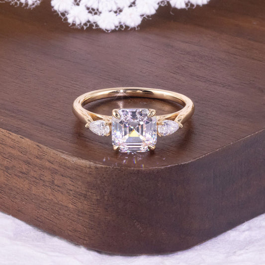 Vowmira 2 ct. Asscher-cut three-stone lab-grown diamond engagement ring, exact supplier SKU
