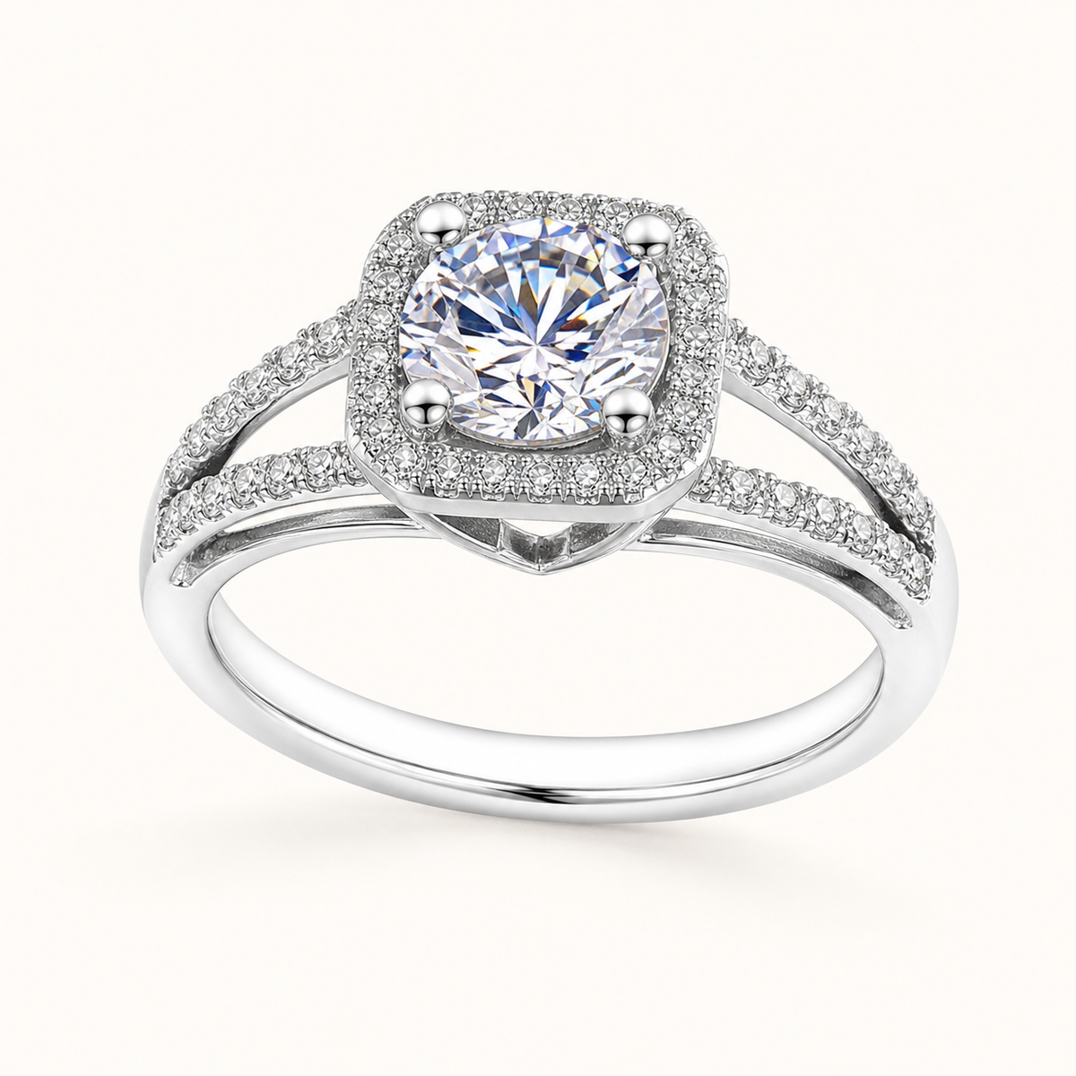 Vowmira round square-halo engagement ring — side profile and split-shank view