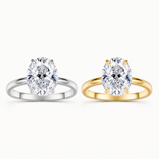 Vowmira 3.5 ct. oval four-prong lab-grown diamond engagement ring, exact white and yellow-gold-tone supplier SKUs