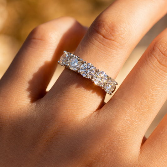 Vowmira five-stone round anniversary ring worn on hand - Vowmira lab-grown diamond jewelry