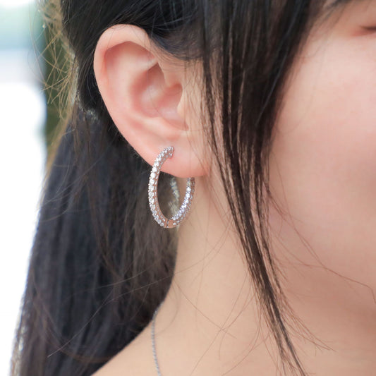 Vowmira classic inside-out round lab-grown diamond hoop earring, exact white supplier SKU worn view - Vowmira lab-grown diamond jewelry