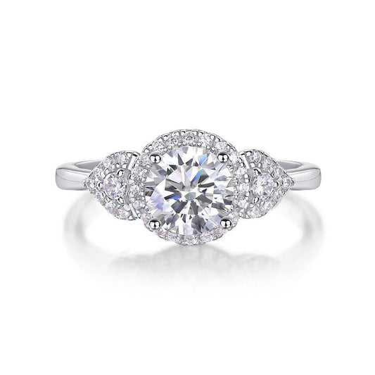 Vowmira Leslie white-silver 1 ct round three-stone floral triple-halo lab-grown diamond ring, exact R12985 SKU