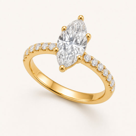 Vowmira Lumina marquise six-prong pavé engagement ring, opposite three-quarter view