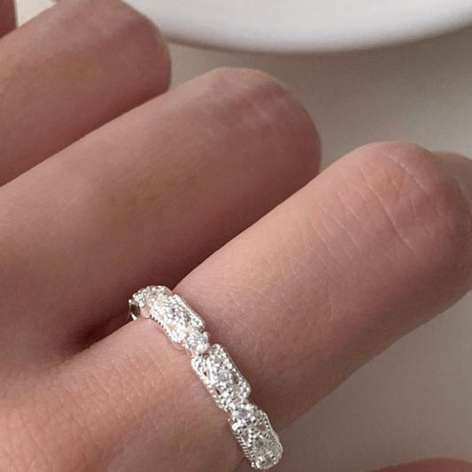 Vowmira Nellie vintage milgrain lace-panel lab-grown diamond open band, exact 1688 SKU worn view - Vowmira lab-grown diamond jewelry
