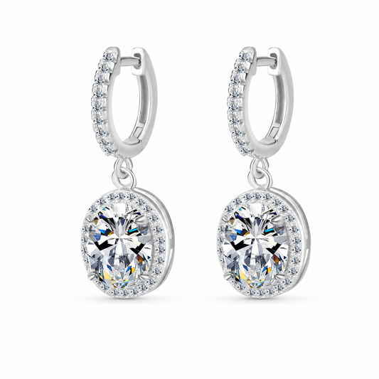 Vowmira oval halo lab-grown diamond drop earrings, exact white-tone front view - Vowmira lab-grown diamond jewelry