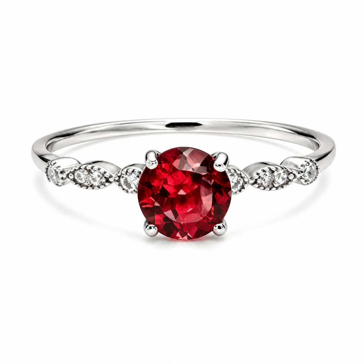 Vowmira Positano January red birthstone ring in white silver, front three-quarter angle
