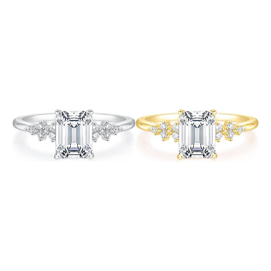 Vowmira Positano emerald-cut floral-cluster lab-grown diamond ring, exact 1688 white silver and yellow gold tone SKUs - Vowmira lab-grown diamond jewelry