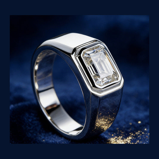 Vowmira Quinn emerald-cut double-bezel lab-grown diamond men's signet ring, exact 1688 white-silver SKU