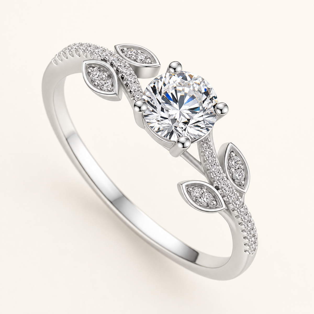 Vowmira round leaf-vine pavé lab-grown diamond engagement ring, reverse macro view