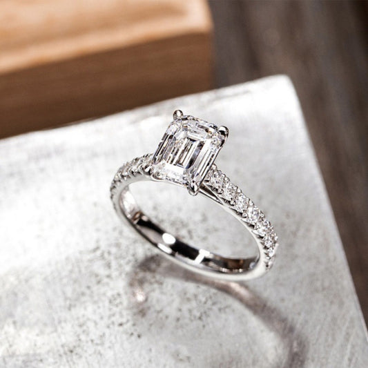 Vowmira Santa Fe white-silver emerald-cut four-prong tapered pavé lab-grown diamond ring, exact 1688 SKU - Vowmira lab-grown diamond jewelry
