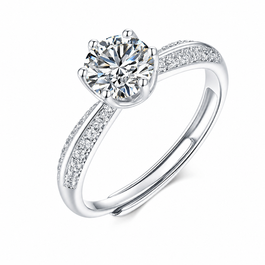 Vowmira round six-prong pavé split-shank engagement ring, left three-quarter view