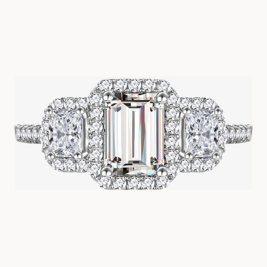 Vowmira Suzanne white-silver emerald-cut and princess three-stone triple-halo pavé lab-grown diamond ring, exact 1688 SKU - Vowmira lab-grown diamond jewelry