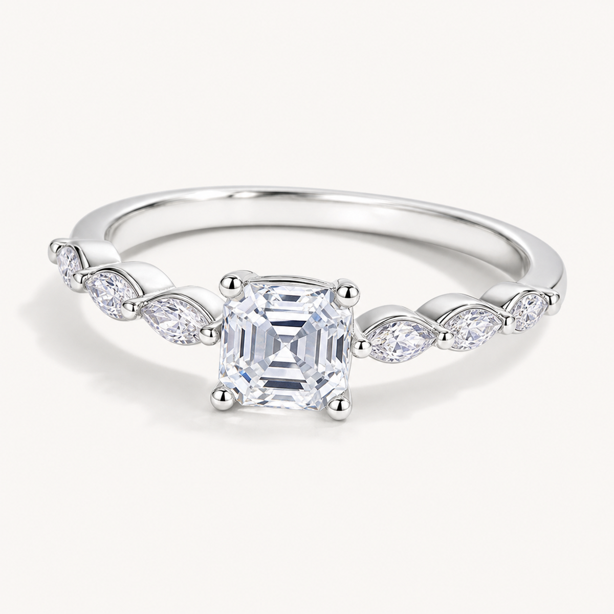 Vowmira Symphony Asscher-cut men's starleaf accent ring, three-quarter front view